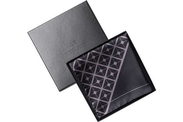 Diagonal Square Black and Grey Silk Pocket Square in gift box By Elizabeth Parker