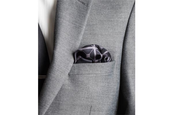 Diagonal Square Black and Grey Silk Pocket Square in jacket pocket By Elizabeth Parker