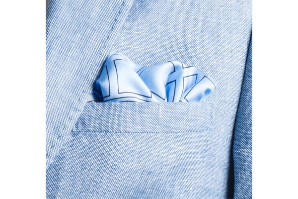 Check Grid Sky Blue Silk Pocket Square in jacket pocket by Elizabeth Parker