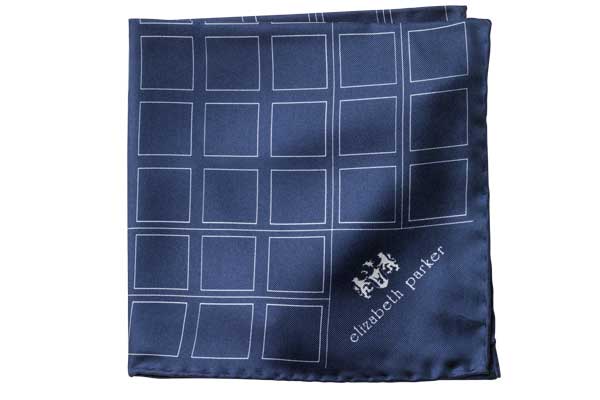 Check Grid Navy Silk Pocket Square by Elizabeth Parker