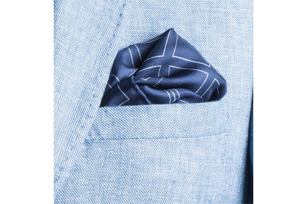 Check Grid Navy Silk Pocket Square by Elizabeth Parker in jacket pocket