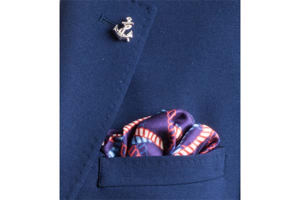 Red White and Blue Rope Twist Silk Pocket Square by Elizabeth Parker in jacket pocket