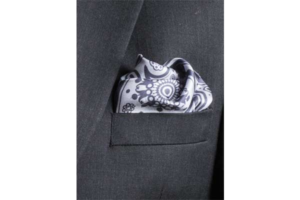 Paisley Swirl Silk Pocket Square Light and Dark Grey by Elizabeth Parker in jacket pocket