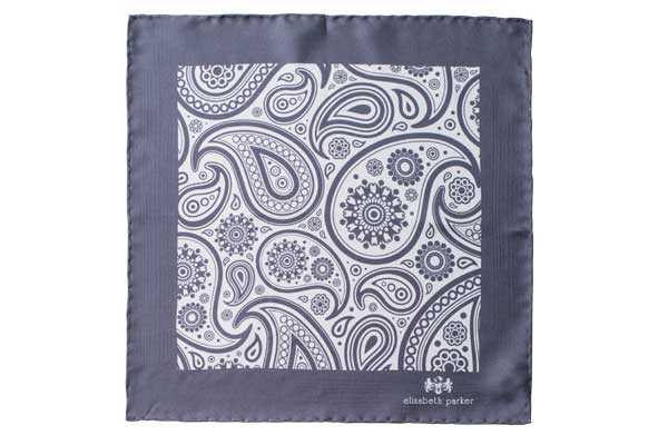 Paisley Swirl Silk Pocket Square Light and Dark Grey by Elizabeth Parker