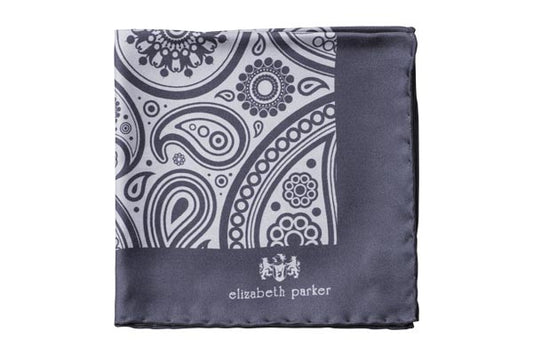 Paisley Swirl Silk Pocket Square Light and Dark Grey by Elizabeth Parker