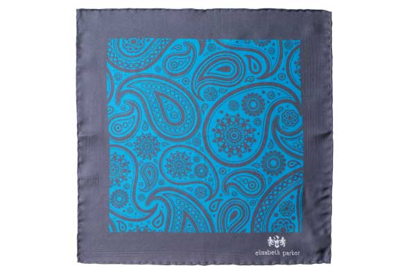 Paisley Swirl Silk Pocket Square Teal and Grey by Elizabeth Parker