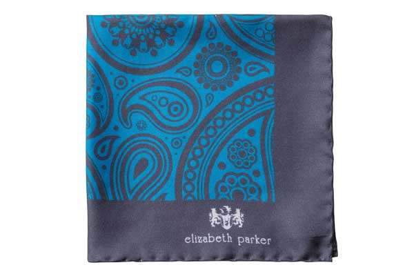 Paisley Swirl Silk Pocket Square Teal and Grey by Elizabeth Parker