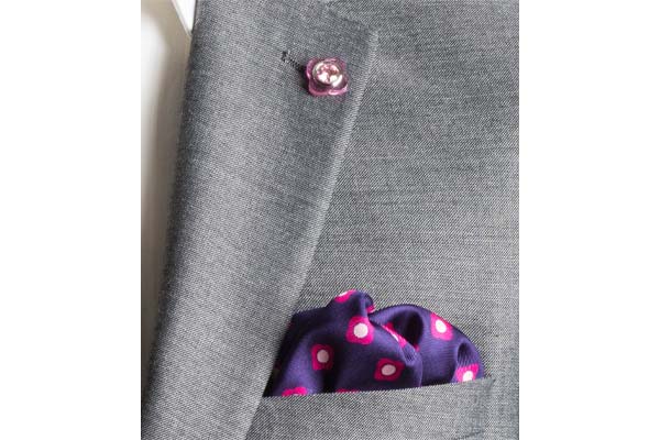 Pink Daisy Do Silk Pocket Square by Elizabeth Parker in jacket pocket