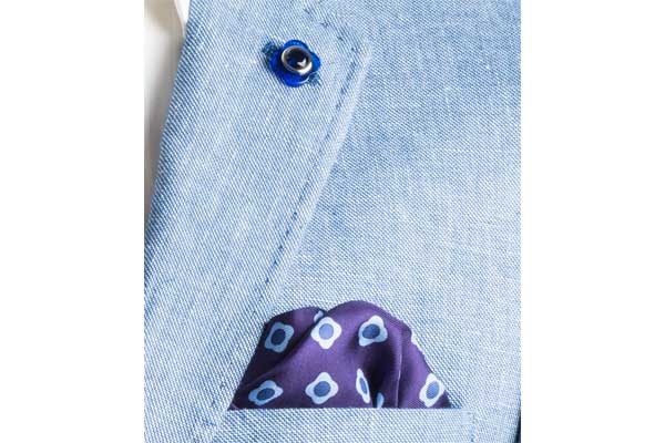 Blue Daisy Do Silk Pocket Square by Elizabeth Parker in jacket pocket