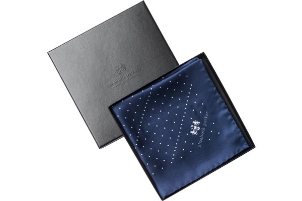 Navy Multi Dotty Silk Pocket Square by Elizabeth Parker in gift box