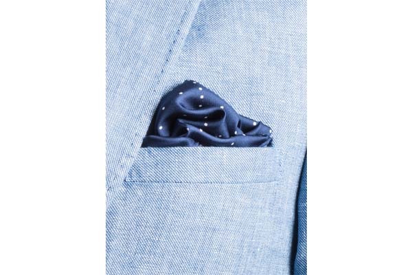 Navy Multi Dotty Silk Pocket Square by Elizabeth Parker in jacket pocket